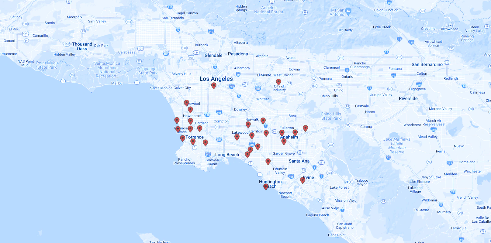 Service coverage map — Los Angeles and Orange County
